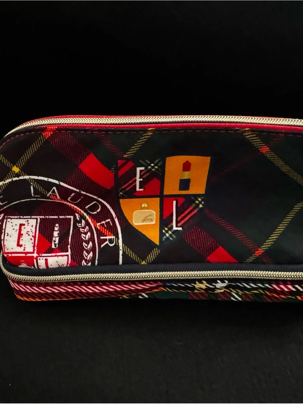Estee Lauder Black, Red & Gold Plaid Cosmetic Bag w/ Mini Skincare & Makeup Set